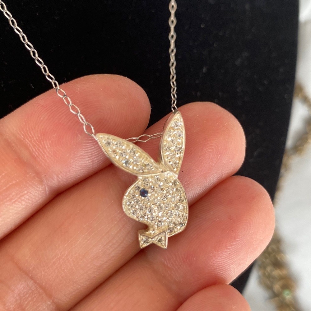 Playboy bunny rhinestone silver pendant & chain Y2K READ